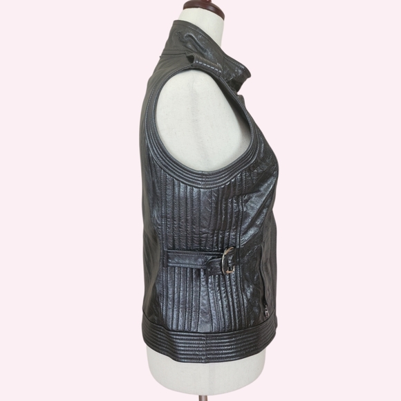 St. John Metallic Lambskin Leather Moto Biker Vest Silk Lined Sz 2 - Picture 5 of 16